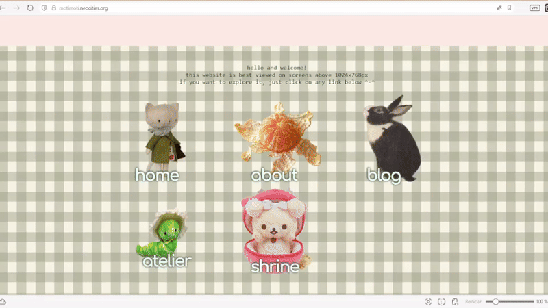 a short animation showing how motimoti.neocities was before updating on 28 of april 2025. The main design was a green checkered background, a pink header, and the main content was a set of different sized boxes in soft colors like blue (the navigation bar), pink (a message about homepage), yellow (a navigation bar to blog posts) and white (blog, homepage, etc).